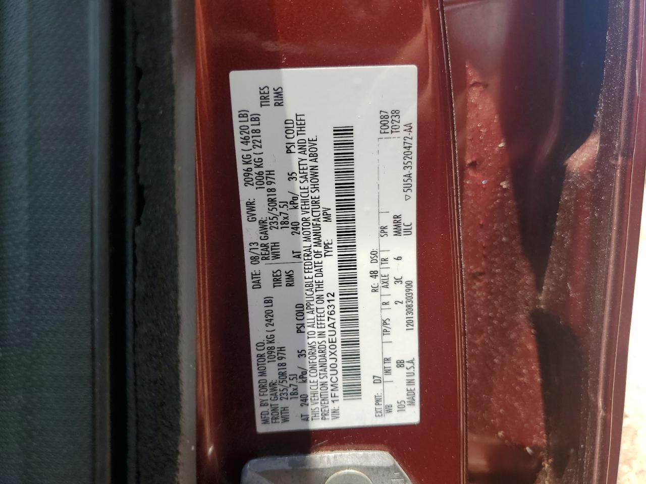 2014 Ford Escape Titanium VIN: 1FMCU0JX0EUA76312 Lot: 62953115