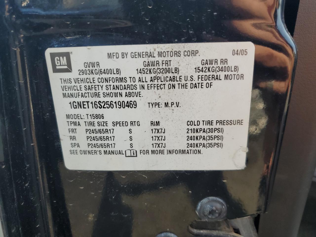 2005 Chevrolet Trailblazer Ext Ls VIN: 1GNET16S256190469 Lot: 65070085