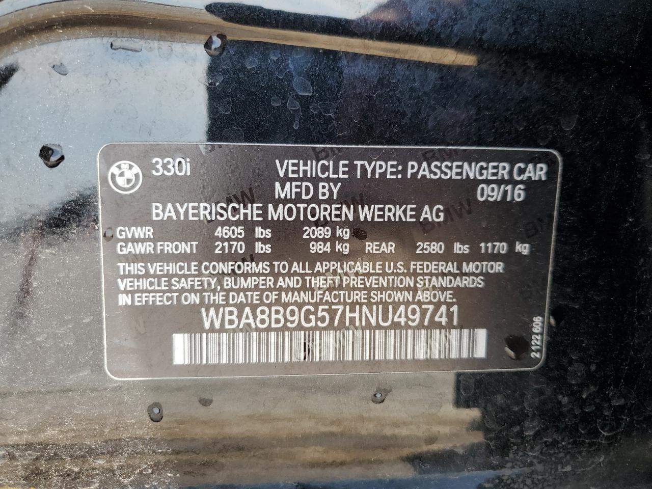BMW 3 SERIES 2017 VIN WBA8B9G57HNU49741 photo 12