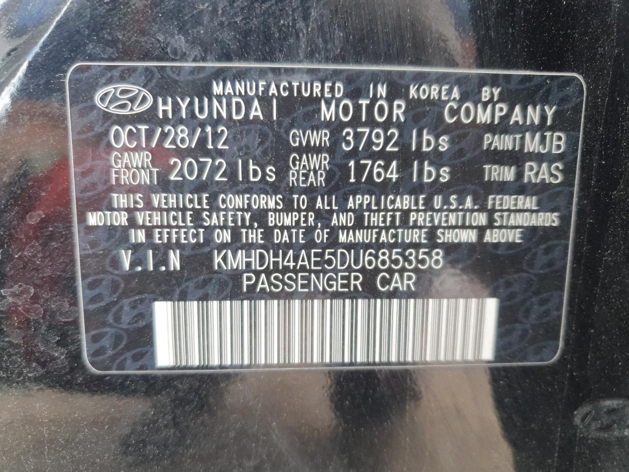 HYUNDAI ELANTRA 2013 VIN KMHDH4AE5DU685358 zdjęcie 13
