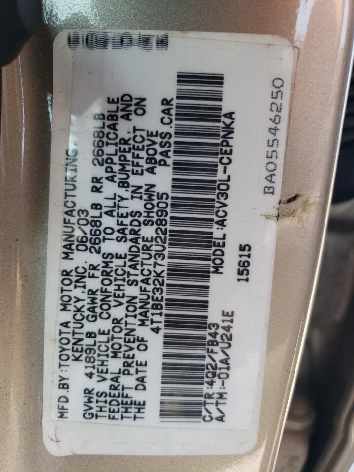 2003 Toyota Camry Le VIN: 4T1BE32K73U228905 Lot: 60494325