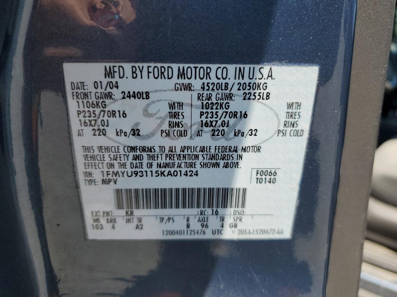 2005 Ford Escape Xlt VIN: 1FMYU93115KA01424 Lot: 59109745