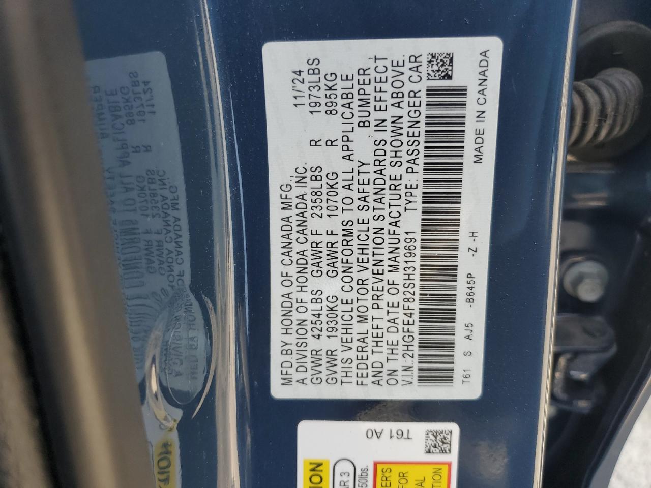 HONDA CIVIC 2025 VIN 2HGFE4F82SH319691 photo 12