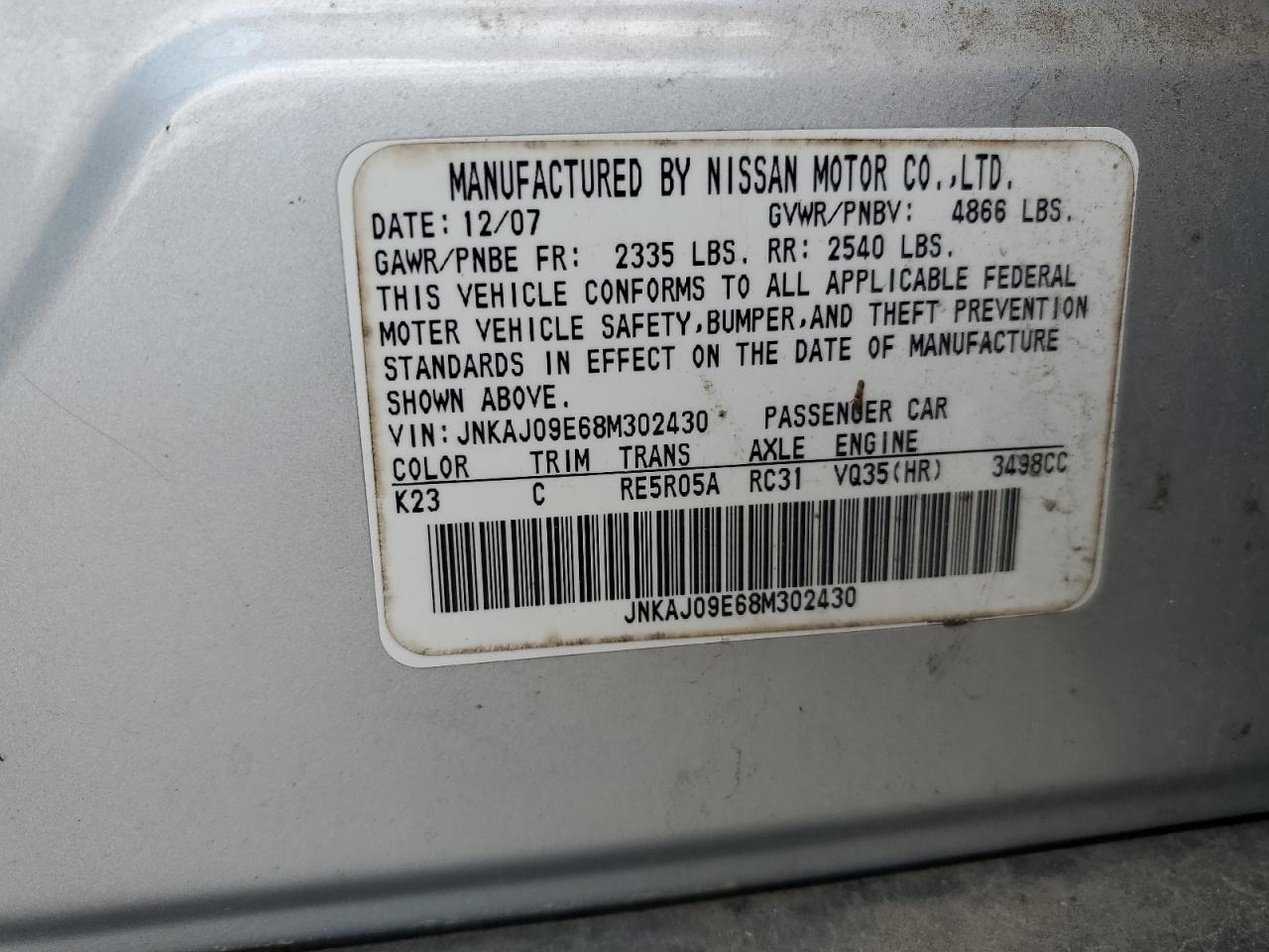 2008 Infiniti Ex35 Base VIN: JNKAJ09E68M302430 Lot: 59565955