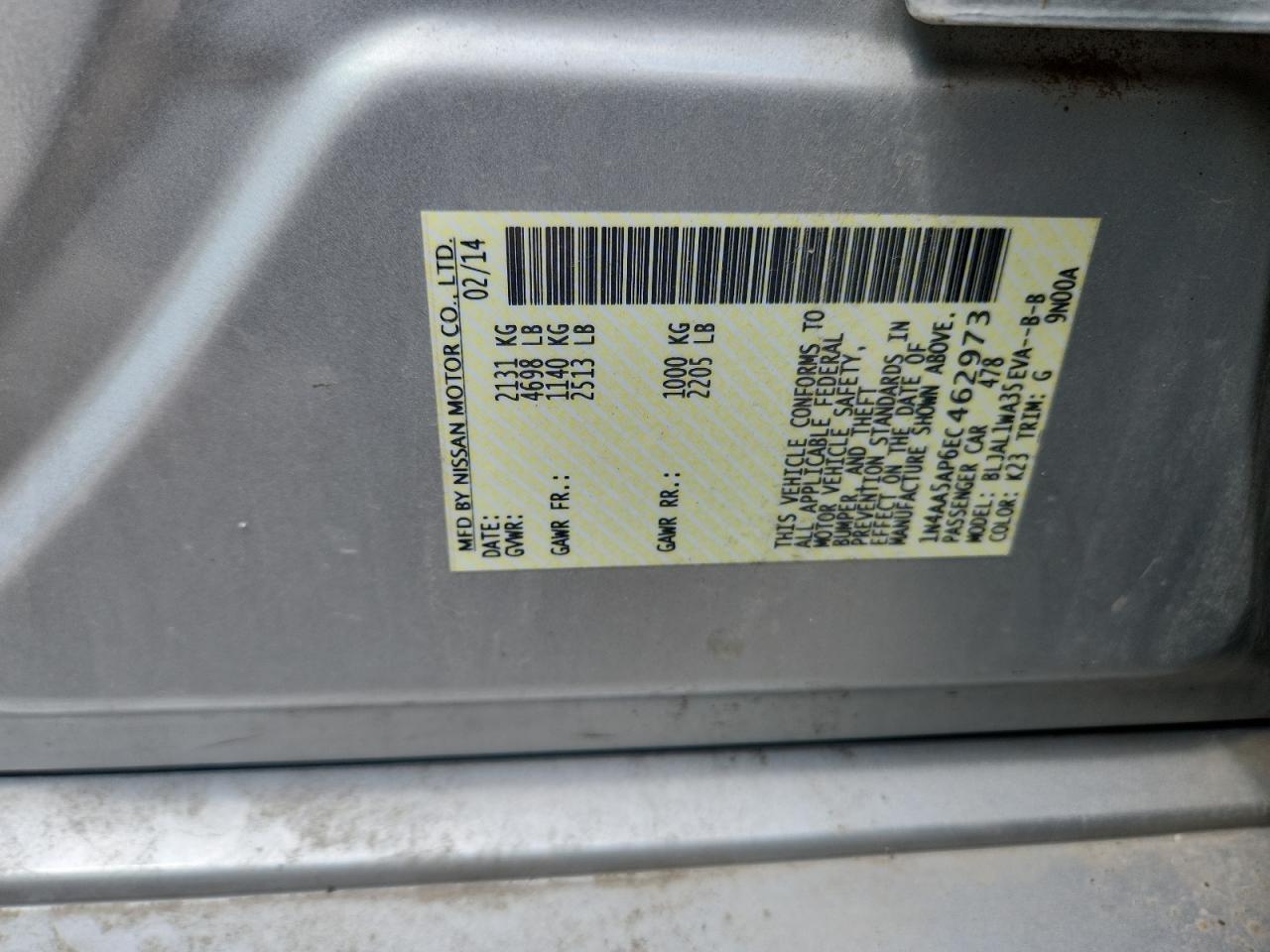 2014 Nissan Maxima S VIN: 1N4AA5AP6EC462973 Lot: 61161095