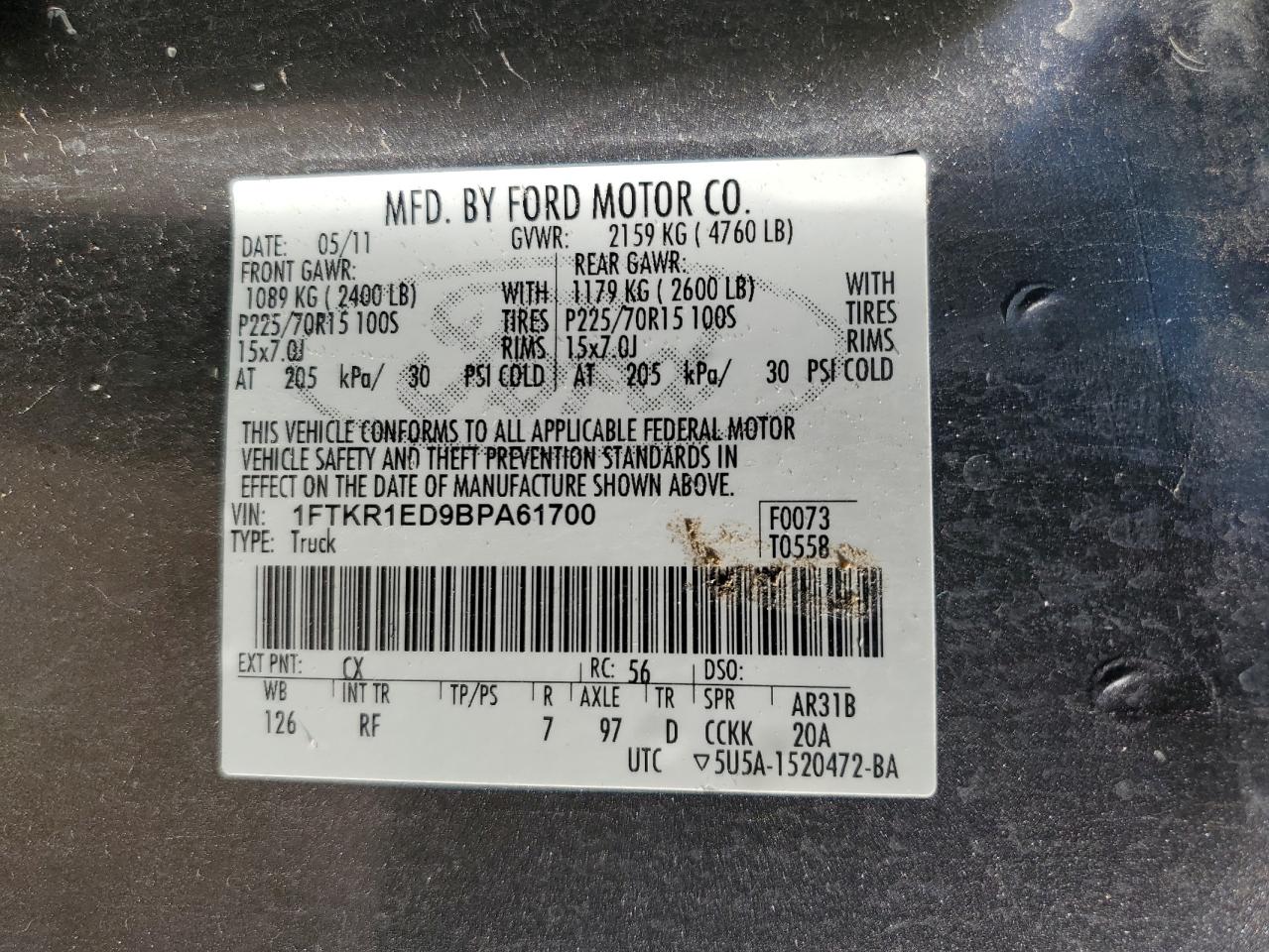 2011 Ford Ranger Super Cab VIN: 1FTKR1ED9BPA61700 Lot: 59701975