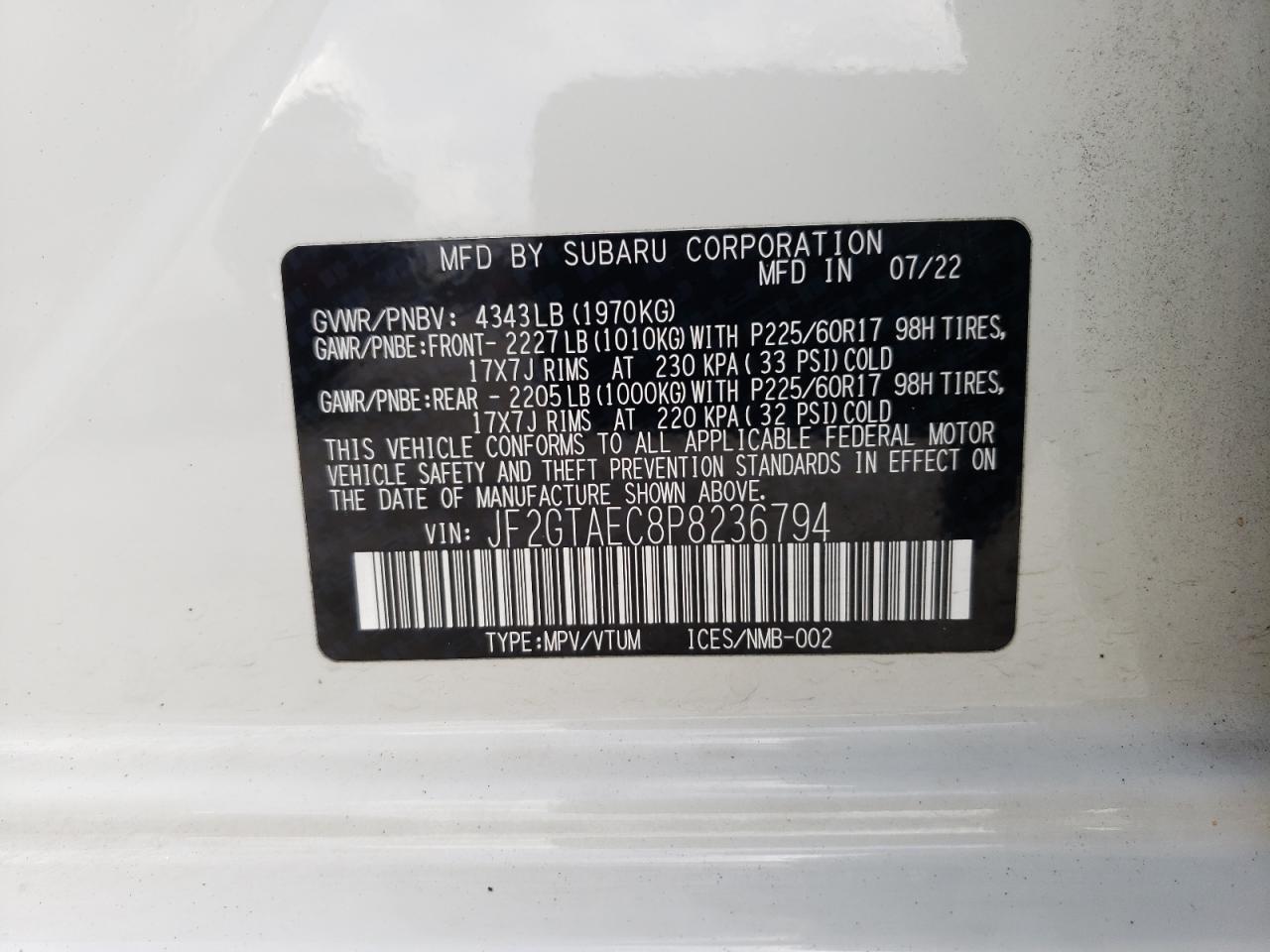 2023 Subaru Crosstrek Premium VIN: JF2GTAEC8P8236794 Lot: 60279965