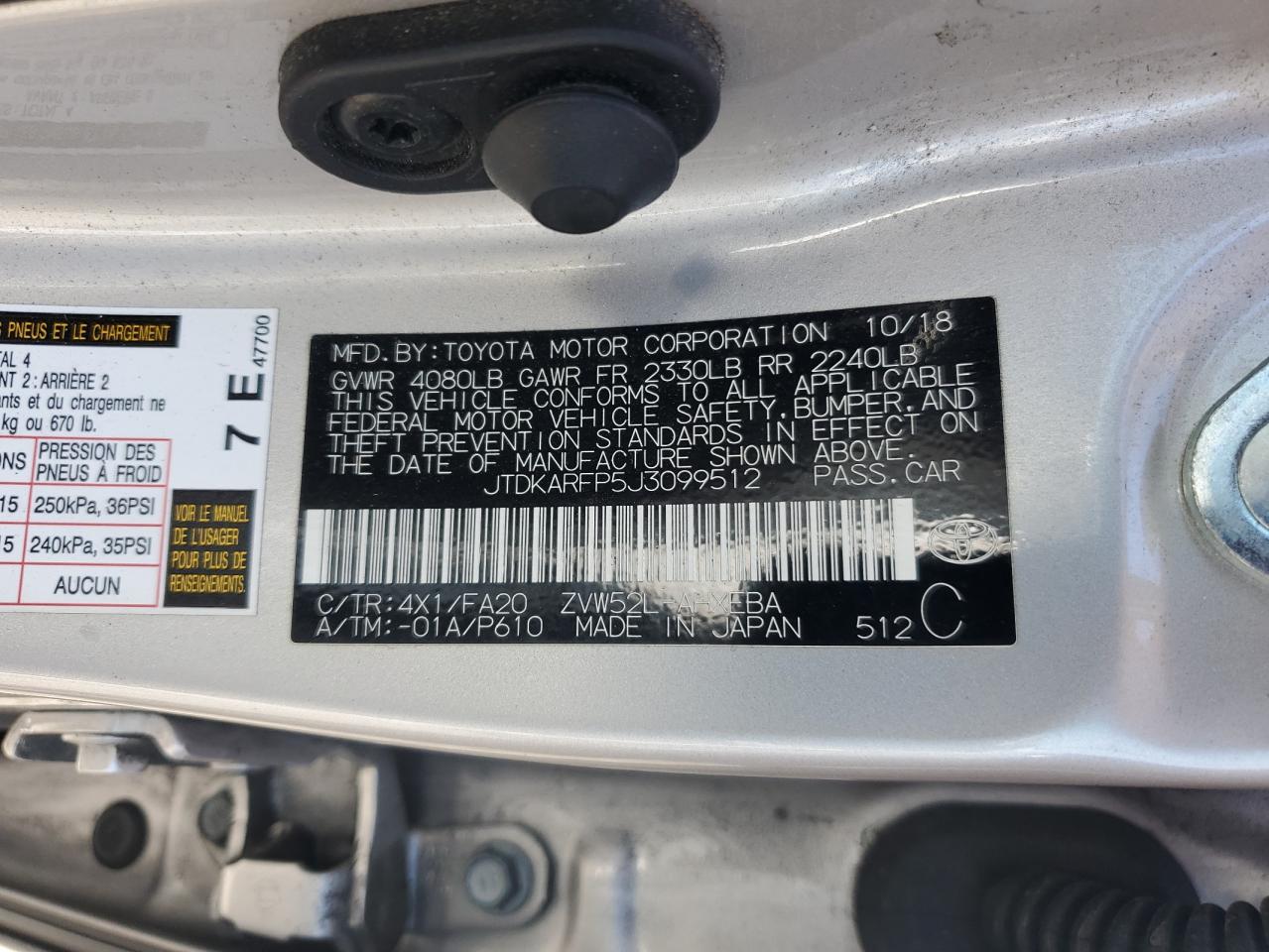 2018 Toyota Prius Prime VIN: JTDKARFP5J3099512 Lot: 62424845