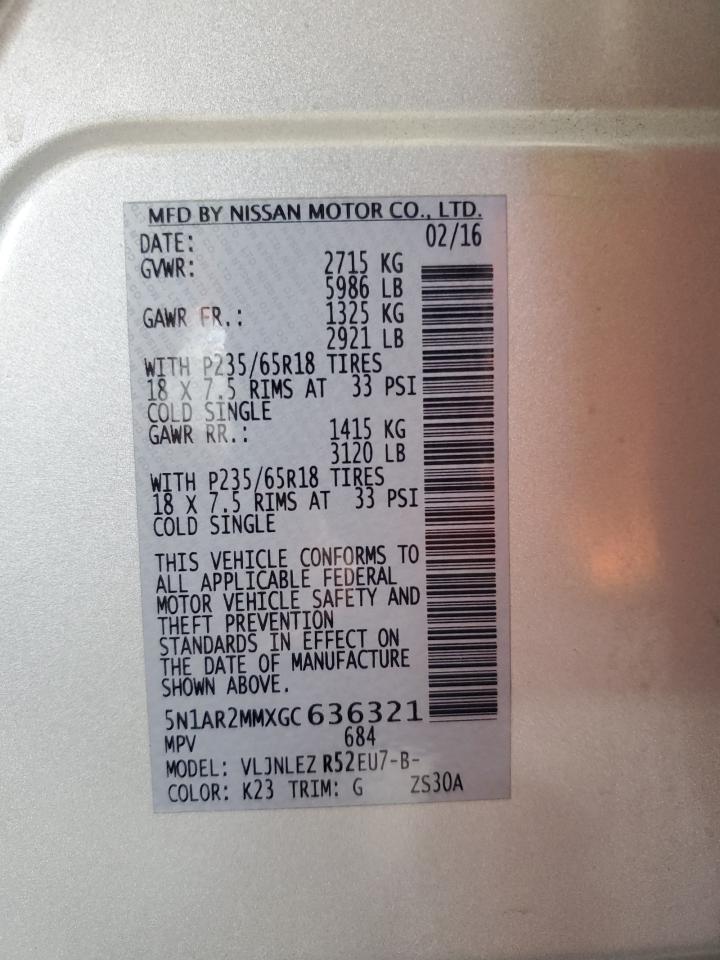 2016 Nissan Pathfinder S VIN: 5N1AR2MMXGC636321 Lot: 59395785