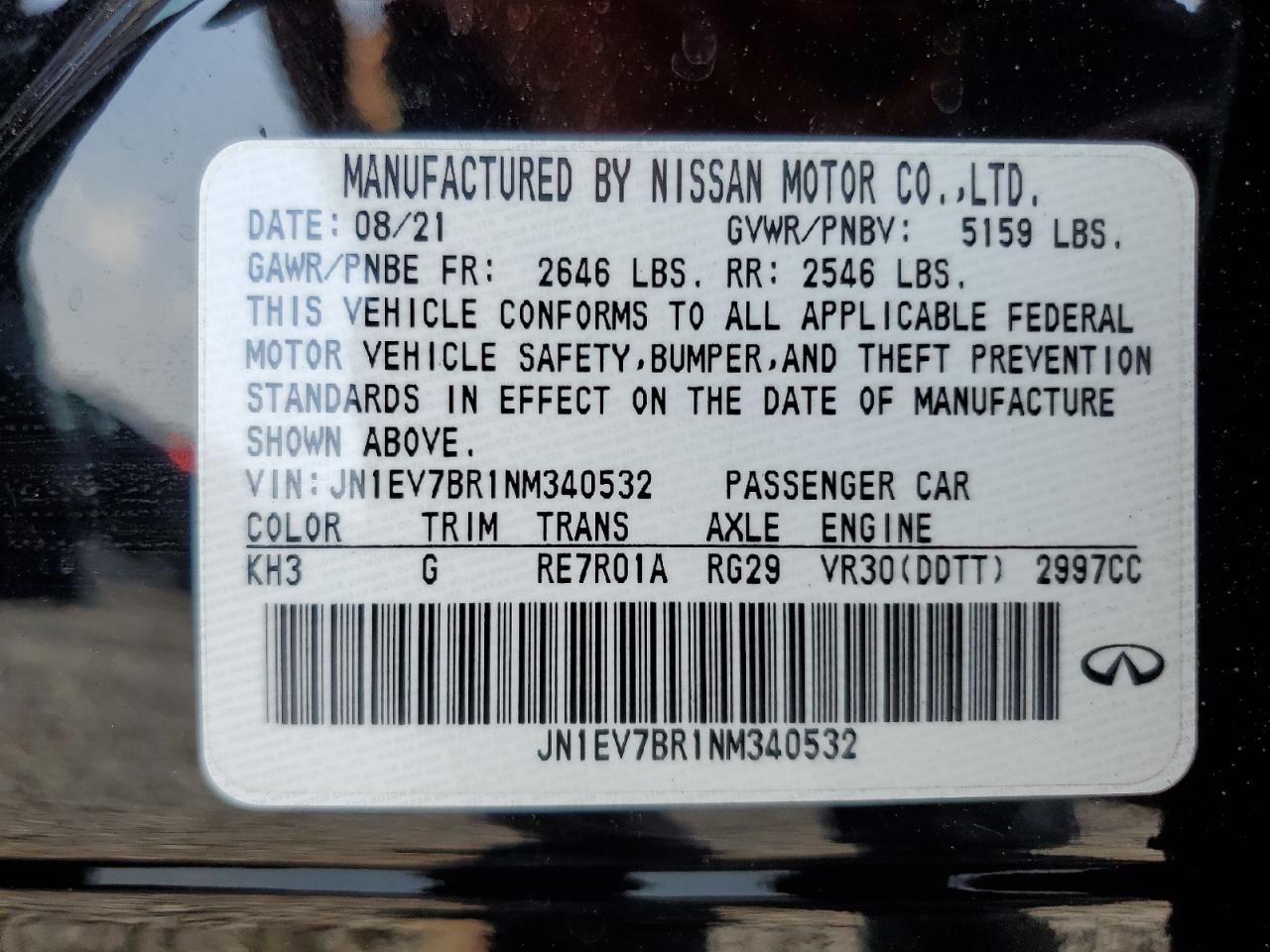 2022 Infiniti Q50 Luxe VIN: JN1EV7BR1NM340532 Lot: 62465365