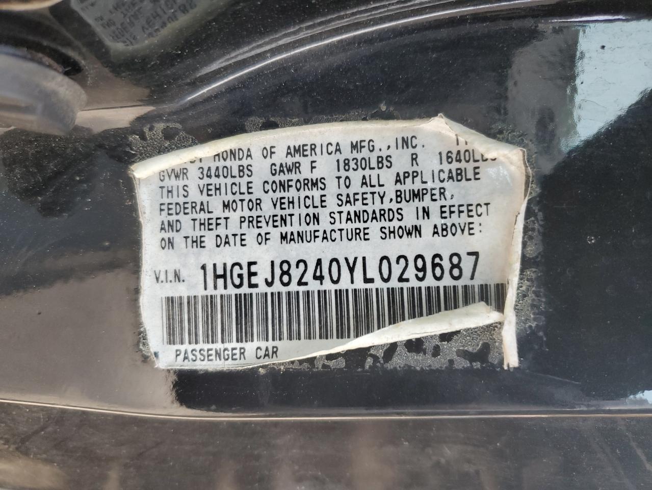 2000 Honda Civic Ex VIN: 1HGEJ8240YL029687 Lot: 62451315