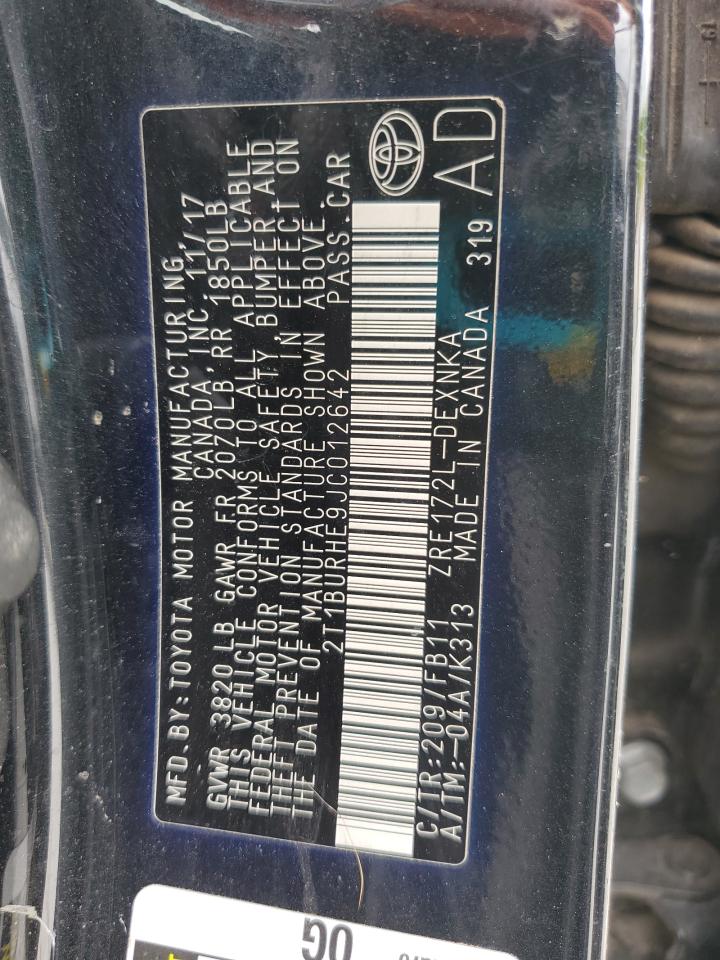 2018 Toyota Corolla L VIN: 2T1BURHE9JC012642 Lot: 58707065