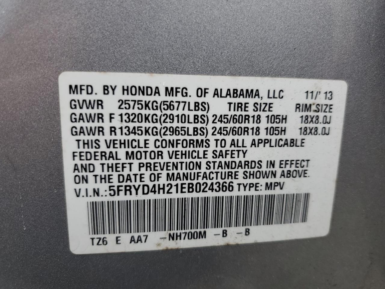 2014 Acura Mdx VIN: 5FRYD4H21EB024366 Lot: 61624225