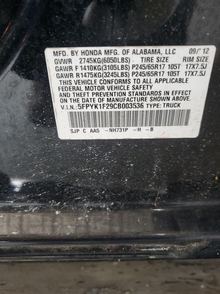 2012 Honda Ridgeline Rt VIN: 5FPYK1F29CB003536 Lot: 59789325