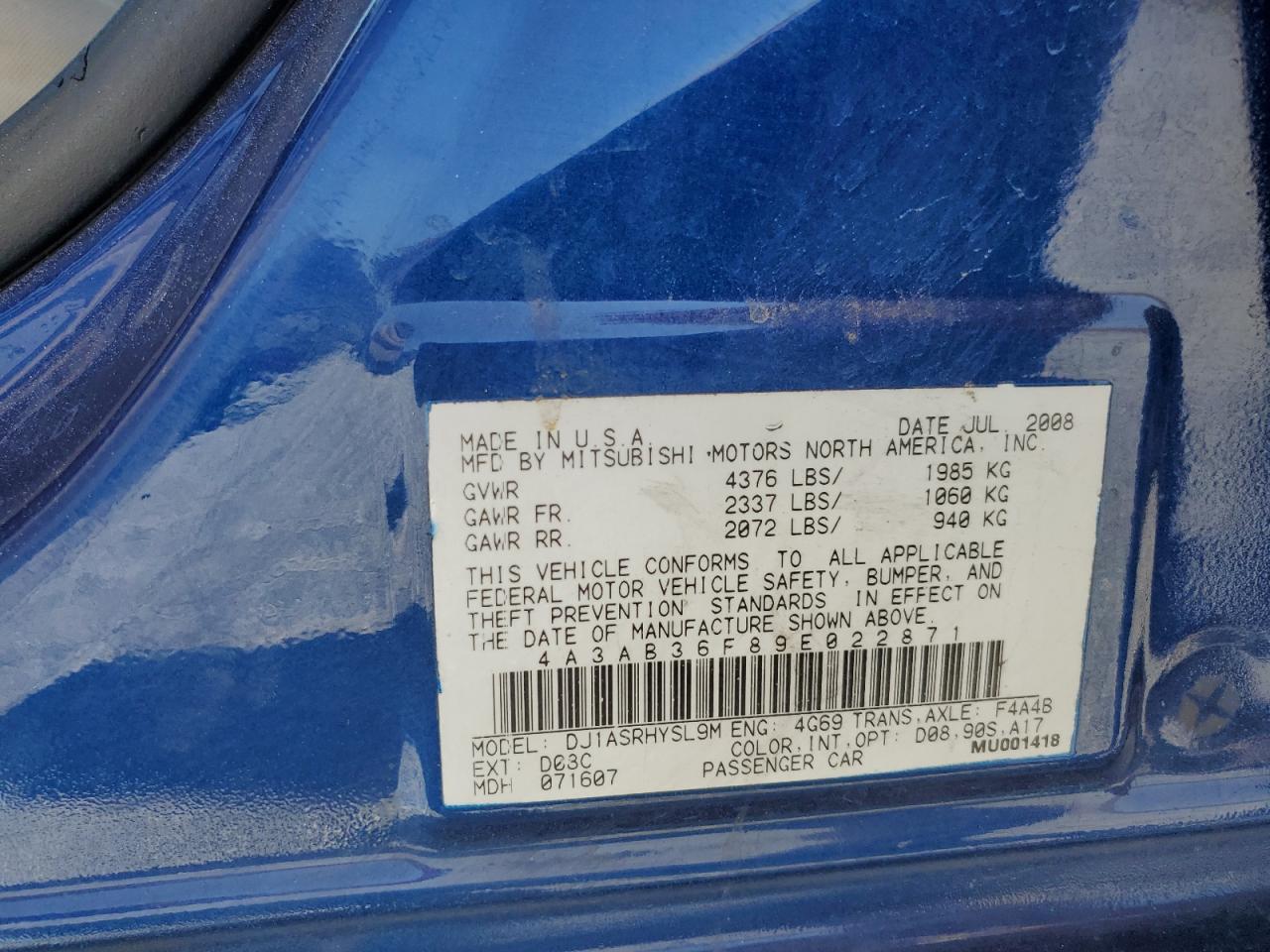 2009 Mitsubishi Galant Es VIN: 4A3AB36F89E022871 Lot: 60924485