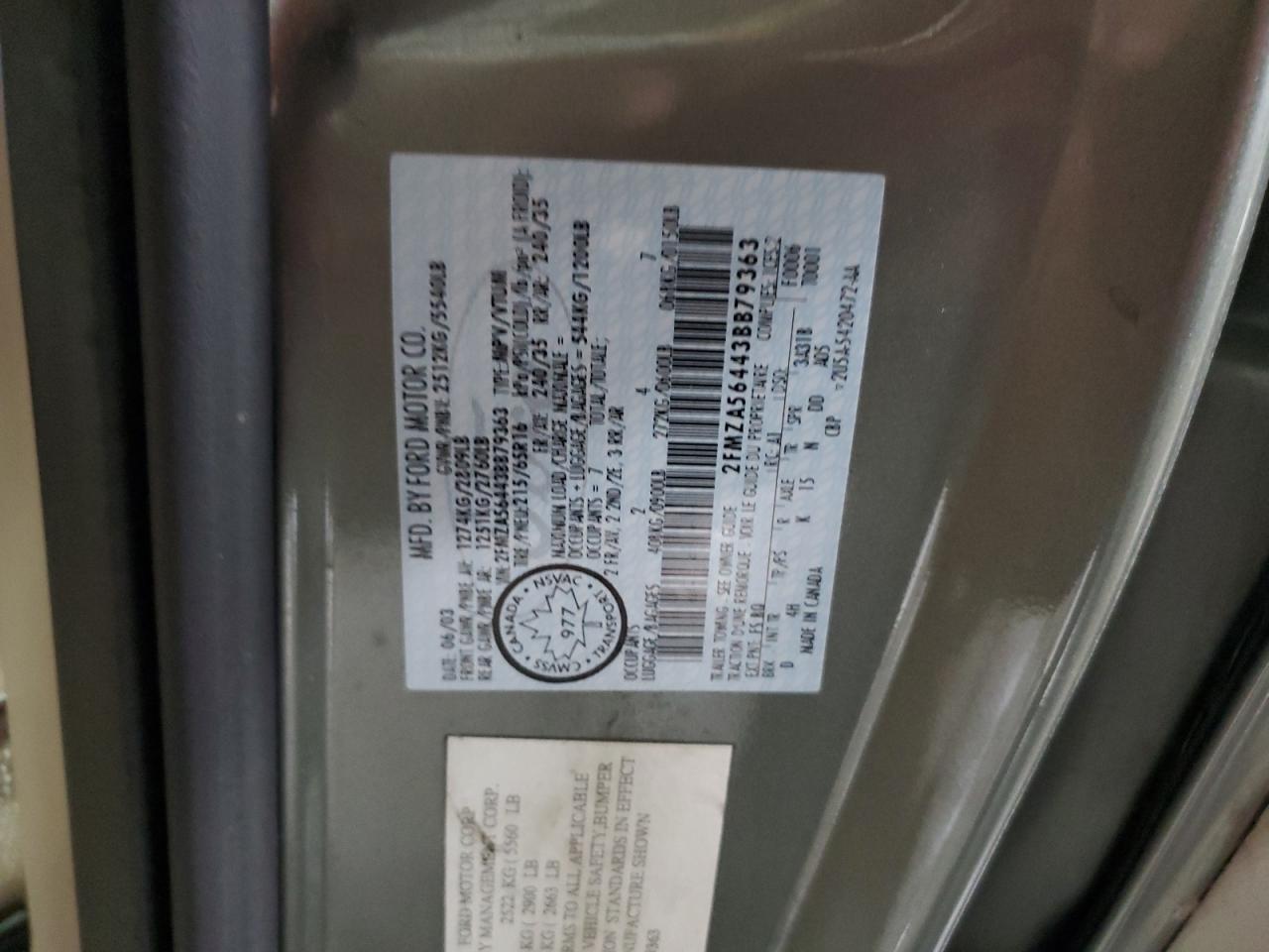 2003 Ford Windstar Sel VIN: 2FMZA56443BB79363 Lot: 59772415