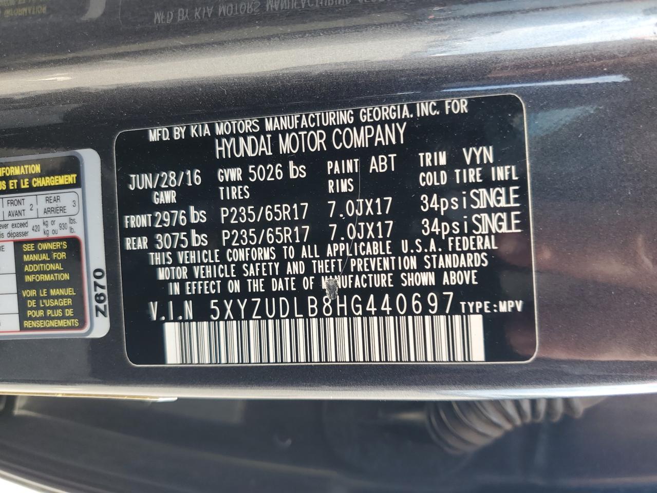 2017 Hyundai Santa Fe Sport VIN: 5XYZUDLB8HG440697 Lot: 62336595