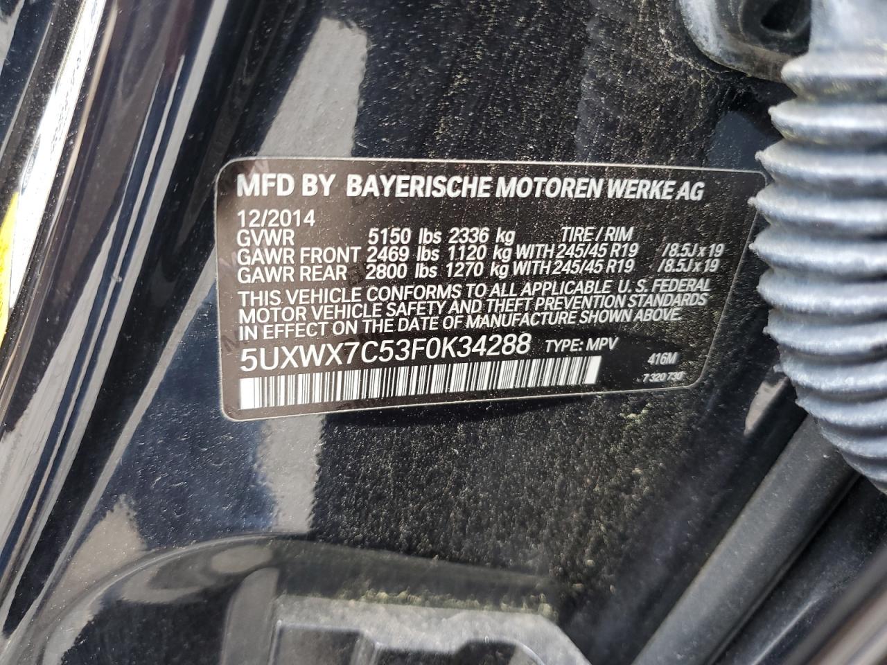2015 BMW X3 xDrive35I VIN: 5UXWX7C53F0K34288 Lot: 62003525