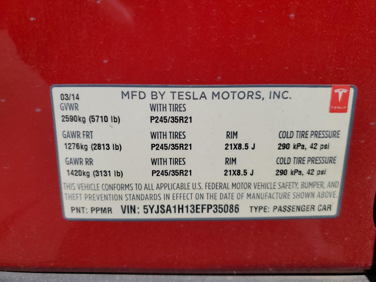 2014 Tesla Model S VIN: 5YJSA1H13EFP35086 Lot: 62117065