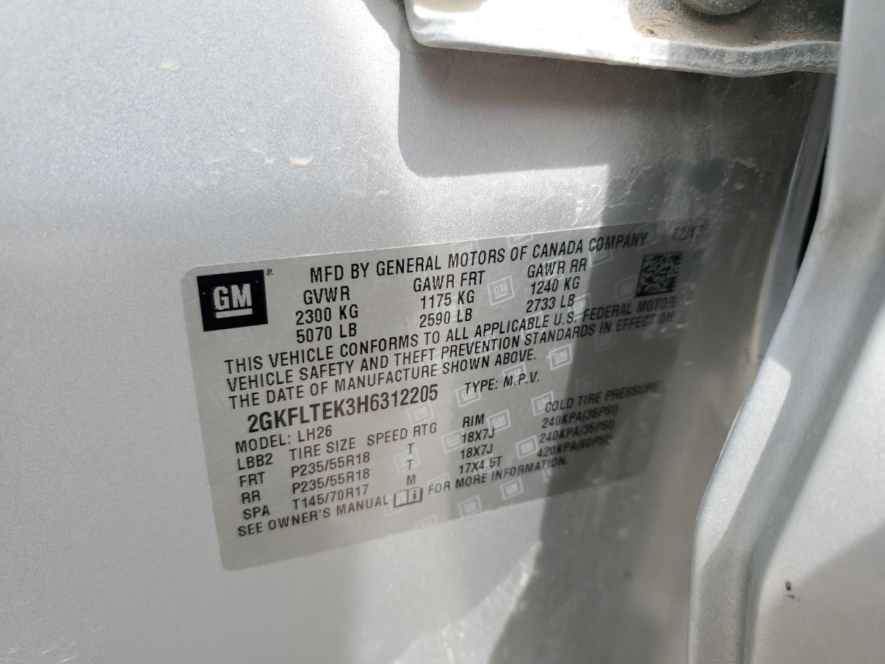 2017 GMC Terrain Sle VIN: 2GKFLTEK3H6312205 Lot: 62314595