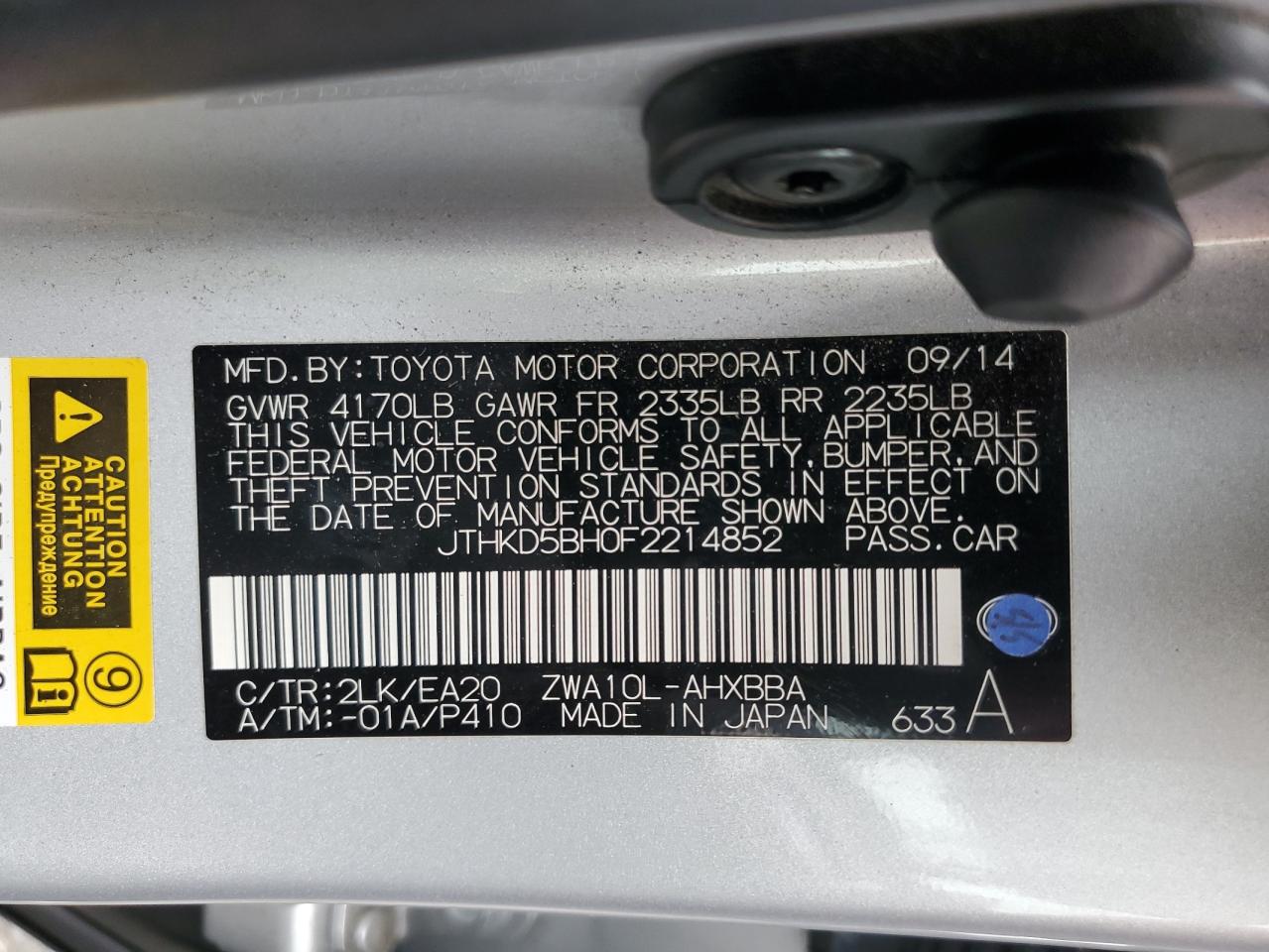 2015 Lexus Ct 200 VIN: JTHKD5BH0F2214852 Lot: 62332855