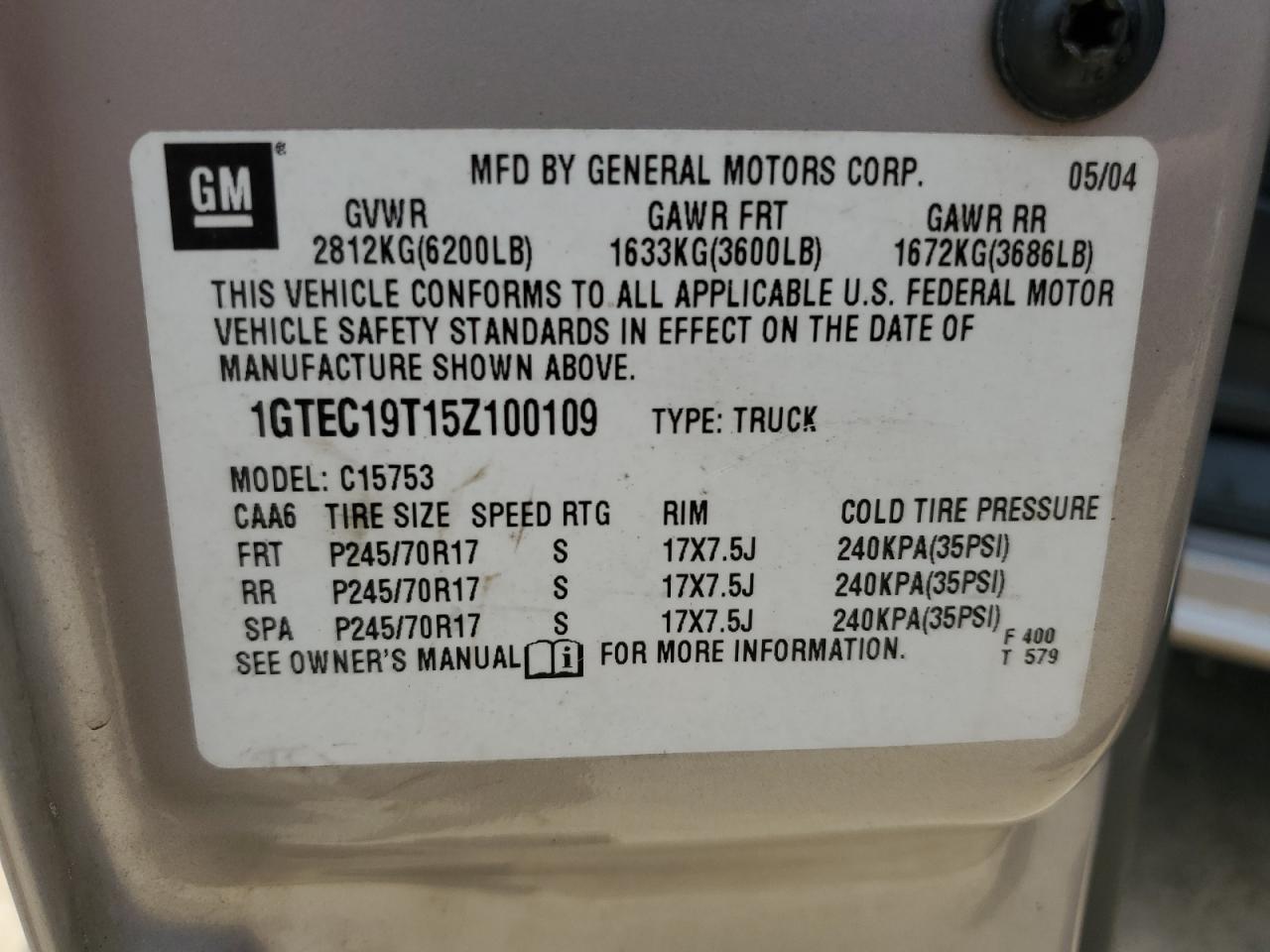 2005 GMC New Sierra C1500 VIN: 1GTEC19T15Z100109 Lot: 61802145