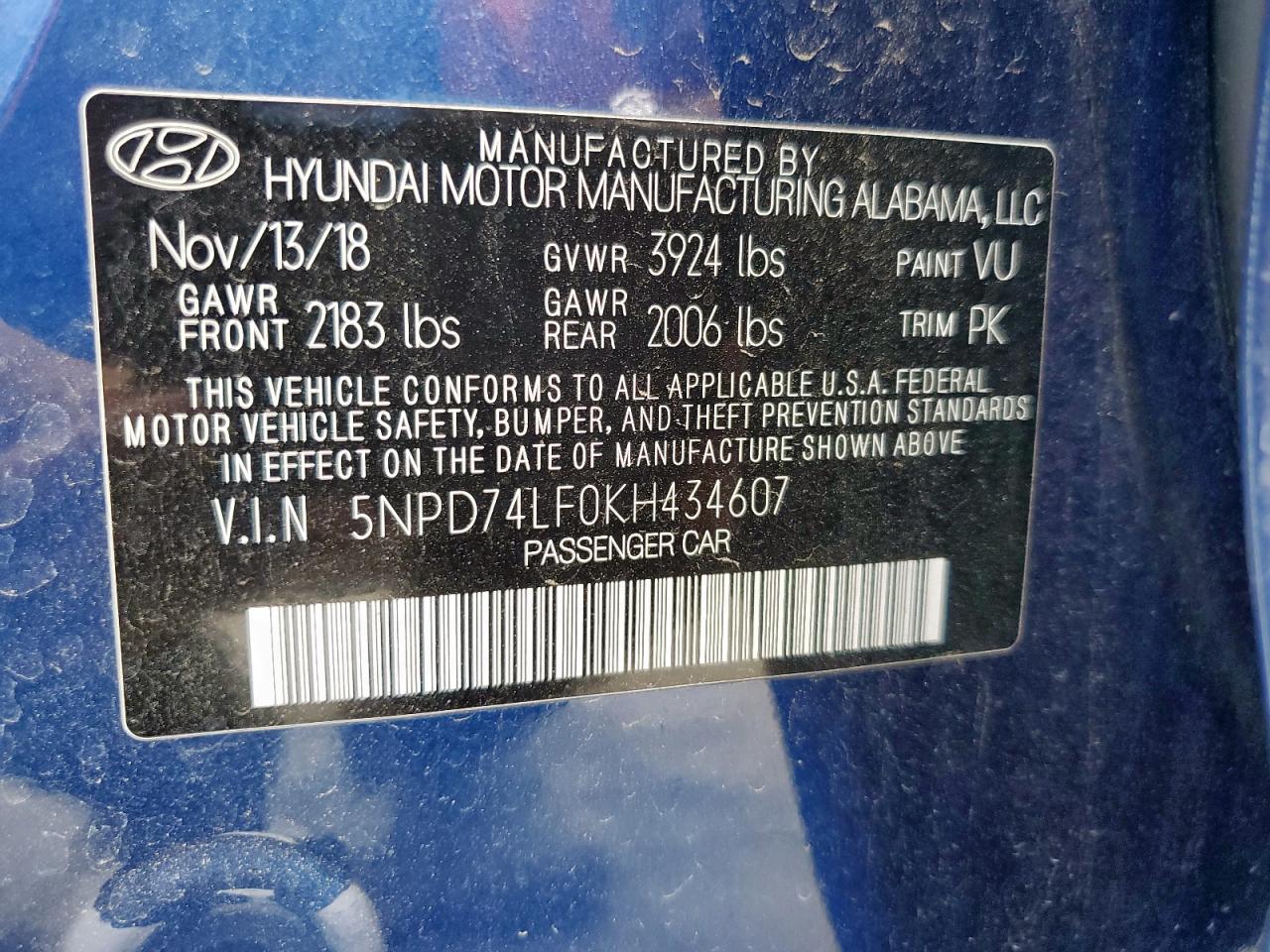 2019 Hyundai Elantra Se VIN: 5NPD74LF0KH434607 Lot: 62173945