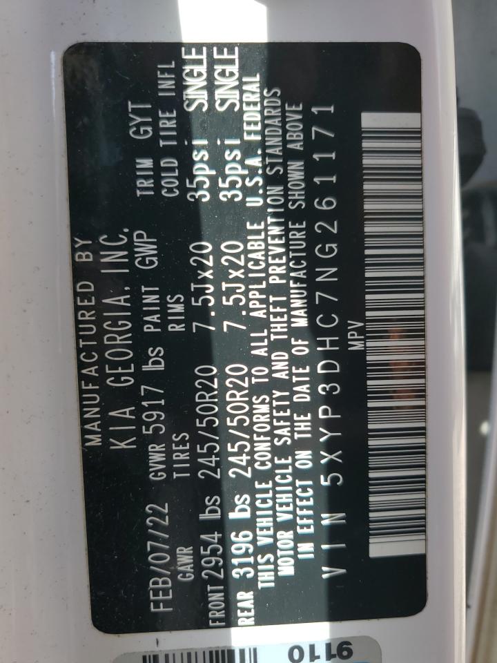 2022 Kia Telluride Ex VIN: 5XYP3DHC7NG261171 Lot: 61614335