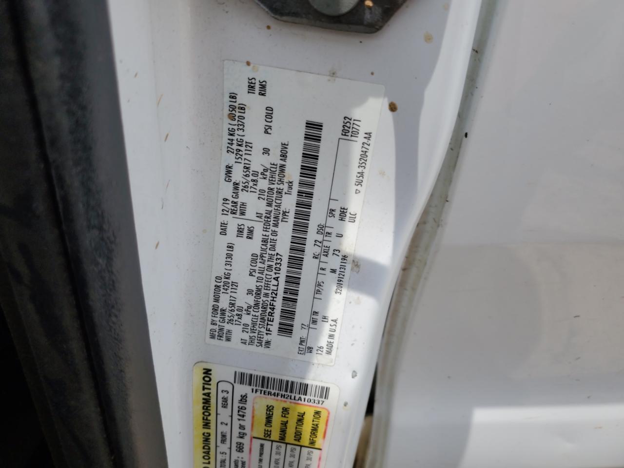 2020 Ford Ranger Xl VIN: 1FTER4FH2LLA10337 Lot: 59125795