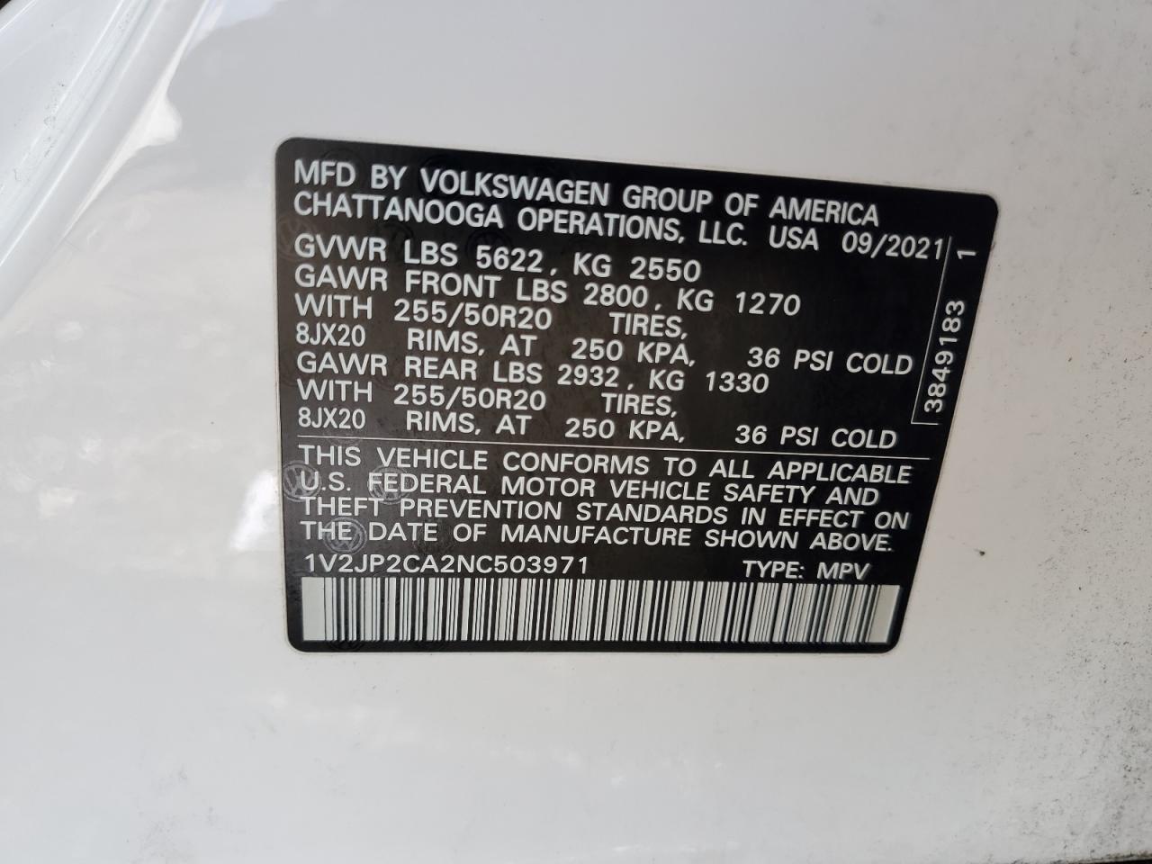 2022 Volkswagen Atlas Se VIN: 1V2JP2CA2NC503971 Lot: 61770185