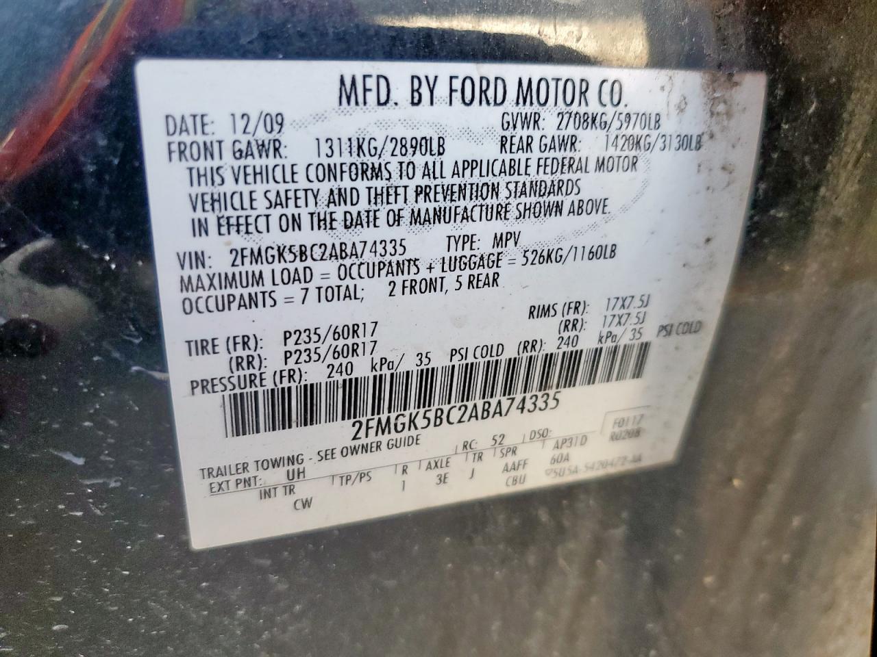 2010 Ford Flex Se VIN: 2FMGK5BC2ABA74335 Lot: 62910995