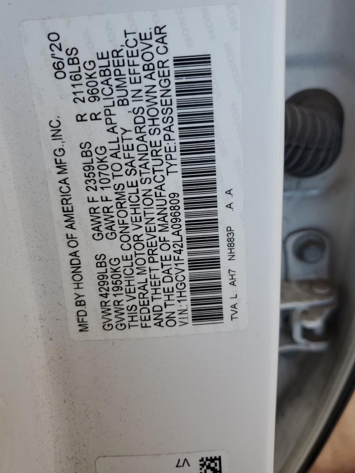 2020 Honda Accord Ex VIN: 1HGCV1F42LA096809 Lot: 62308565