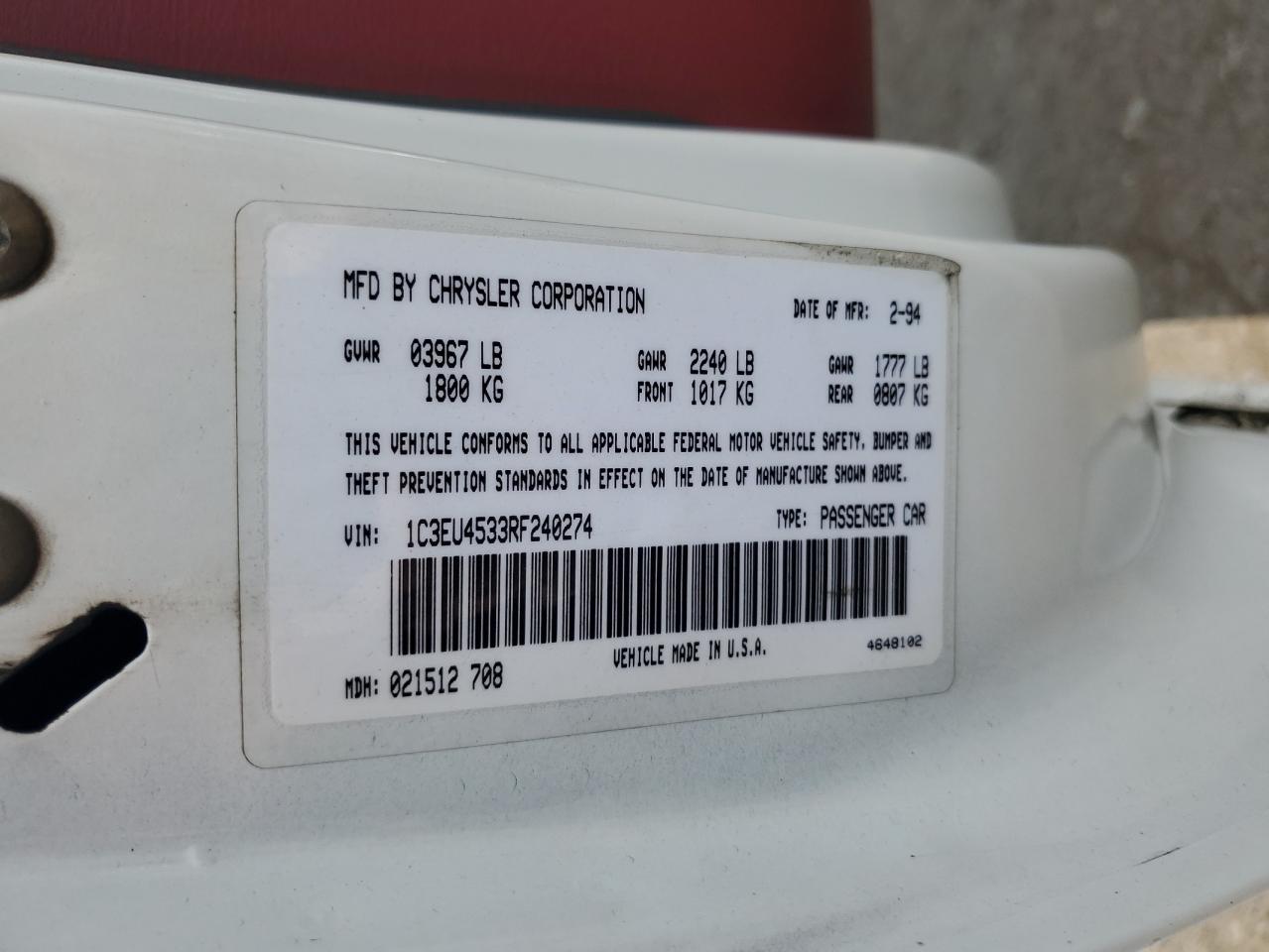 1994 Chrysler Lebaron Base VIN: 1C3EU4533RF240274 Lot: 62750285