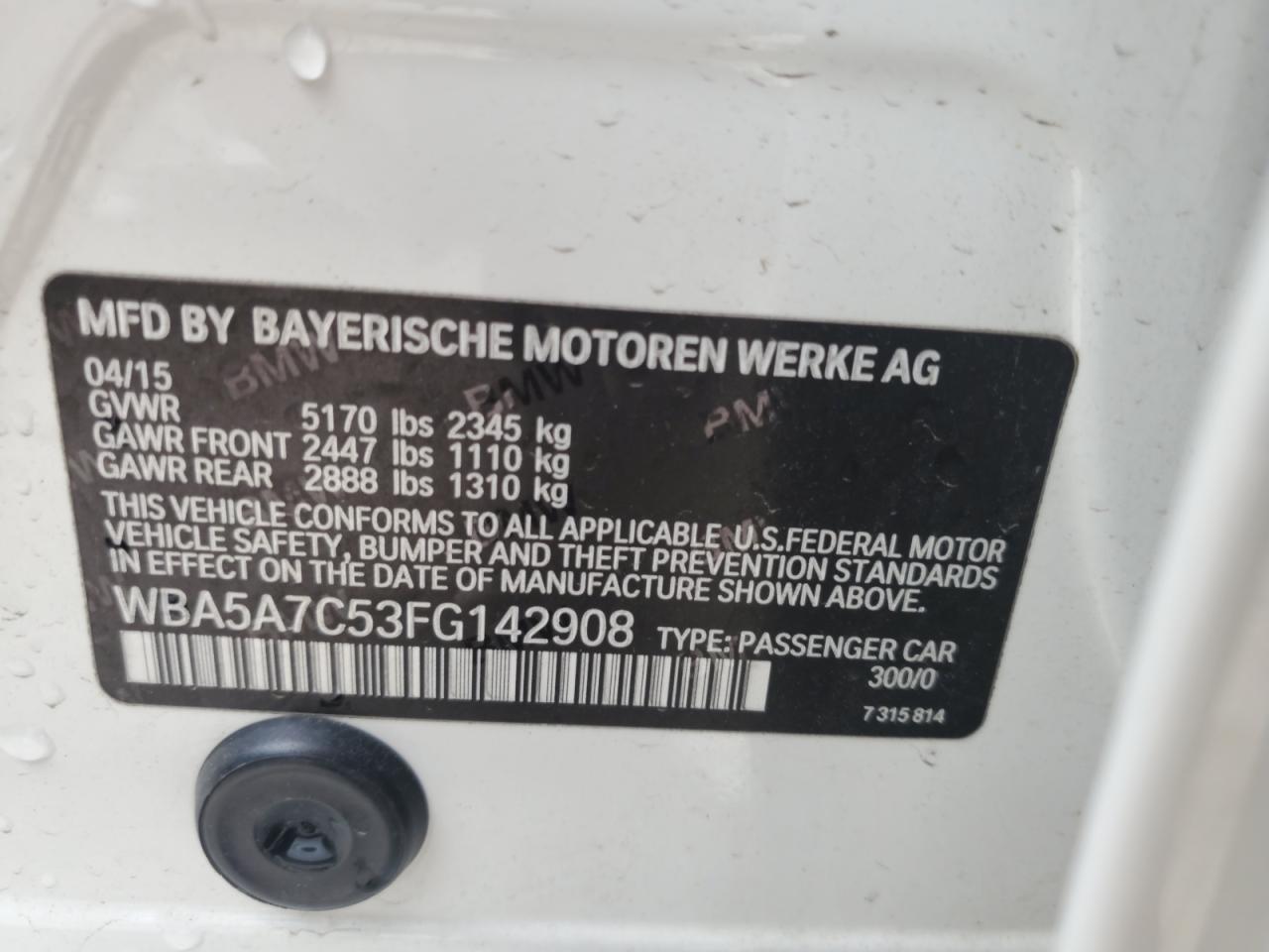 2015 BMW 528 Xi VIN: WBA5A7C53FG142908 Lot: 60875325