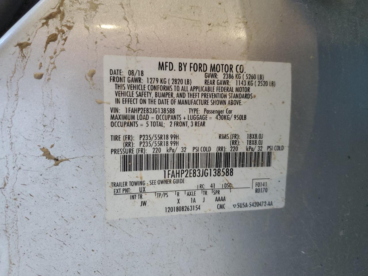 2018 Ford Taurus Sel VIN: 1FAHP2E83JG138588 Lot: 61578185