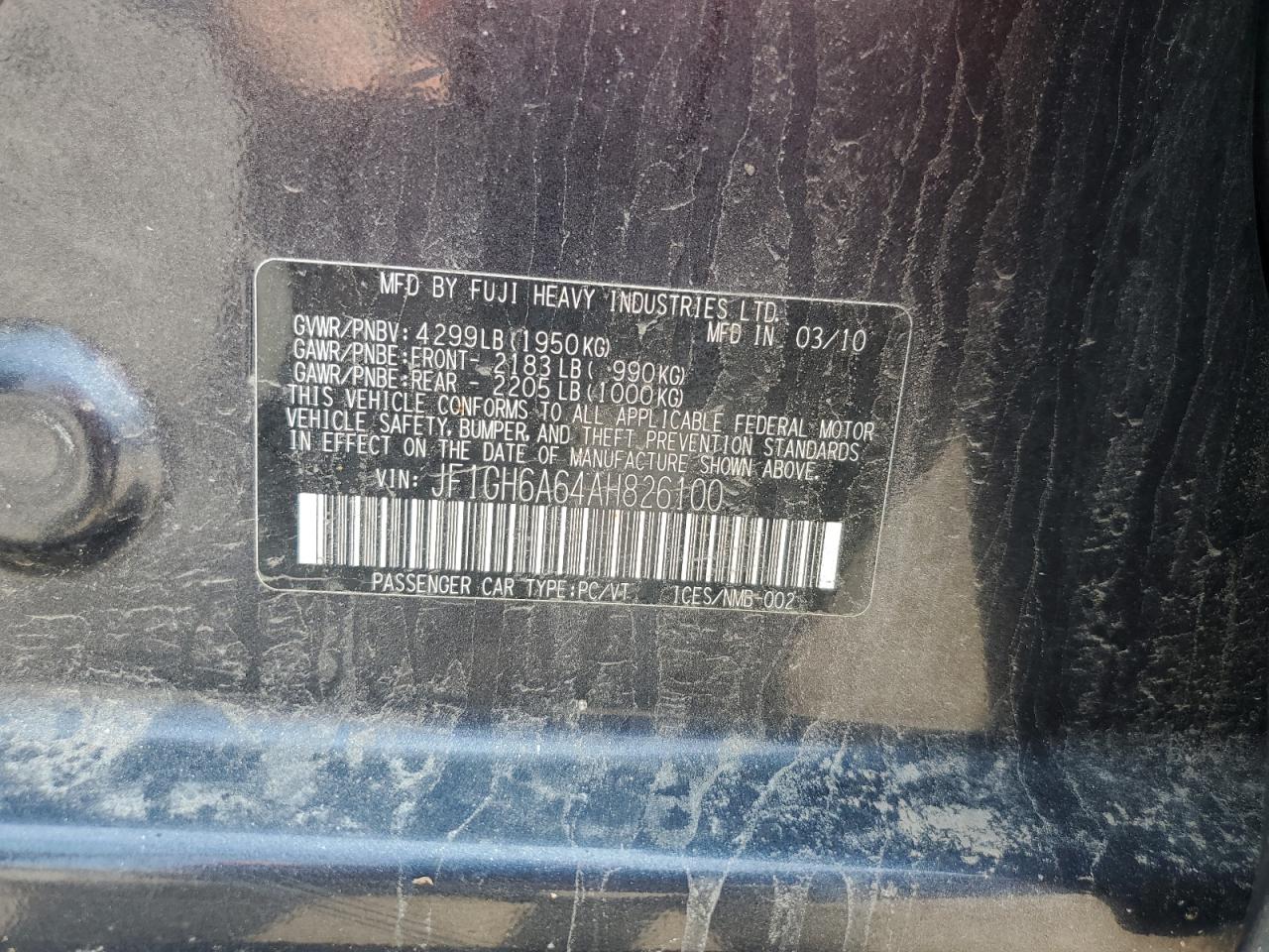 2010 Subaru Impreza 2.5I VIN: JF1GH6A64AH826100 Lot: 59194625