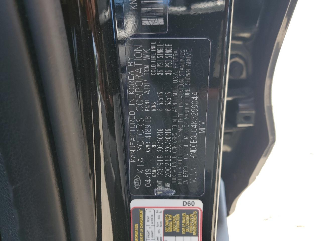 2019 Kia Niro Fe VIN: KNDCB3LC4K5299044 Lot: 62198115