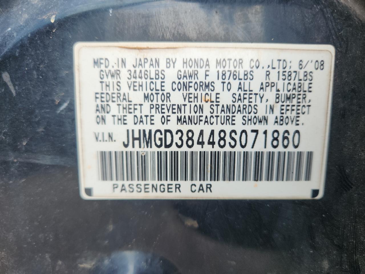 2008 Honda Fit VIN: JHMGD38448S071860 Lot: 61292945