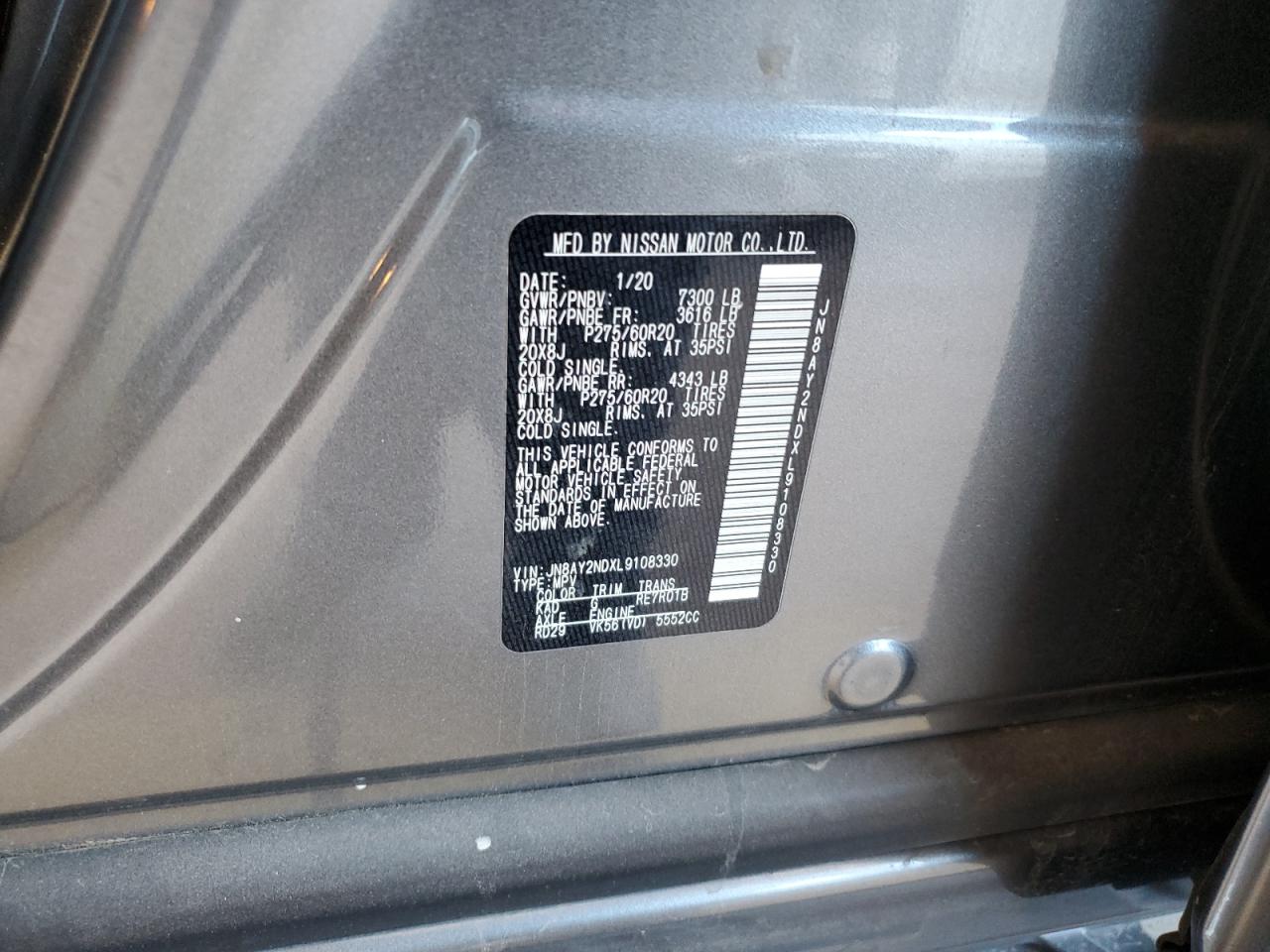 2020 Nissan Armada Sv VIN: JN8AY2NDXL9108330 Lot: 61978725