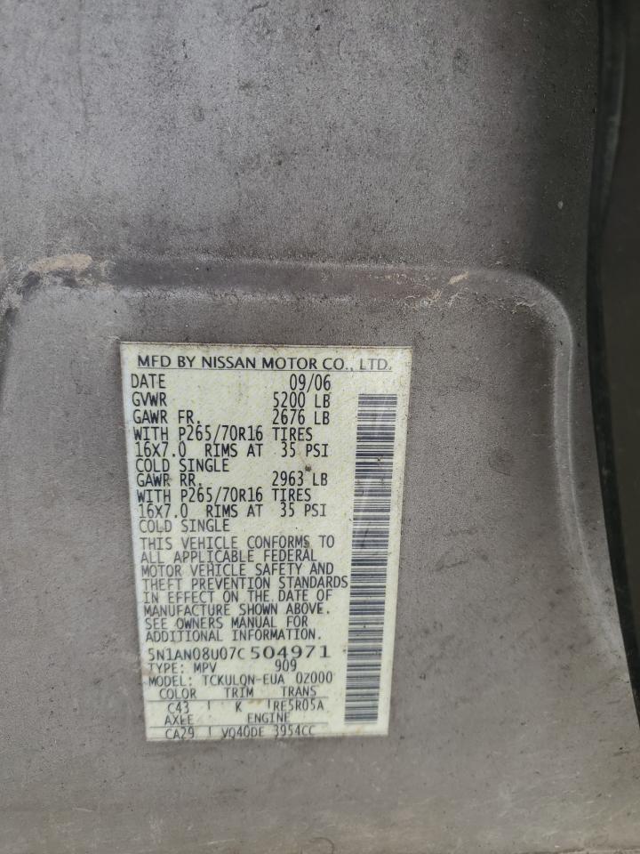 2007 Nissan Xterra Off Road VIN: 5N1AN08U07C504971 Lot: 62498175