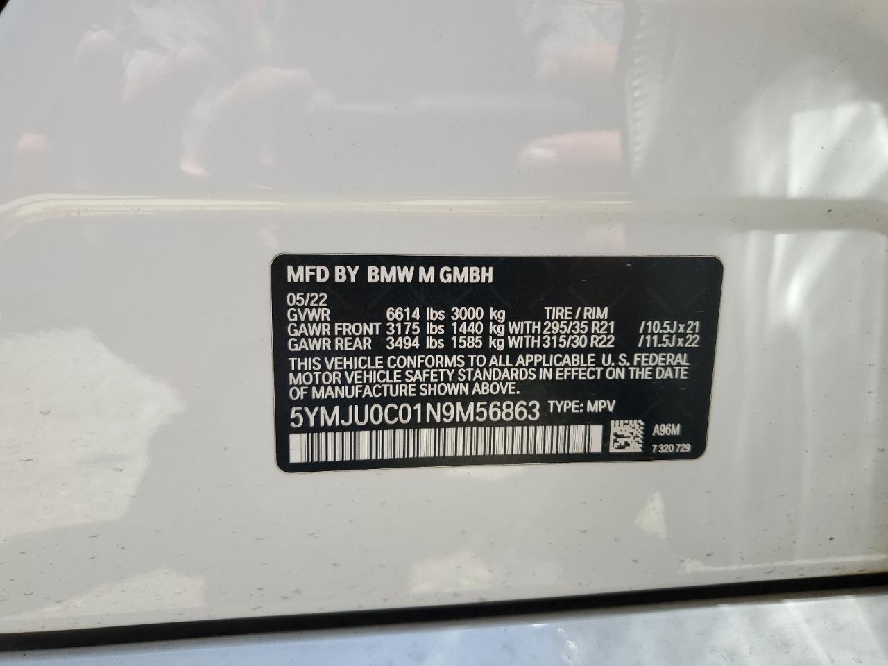 2022 BMW X5 M VIN: 5YMJU0C01N9M56863 Lot: 61859145