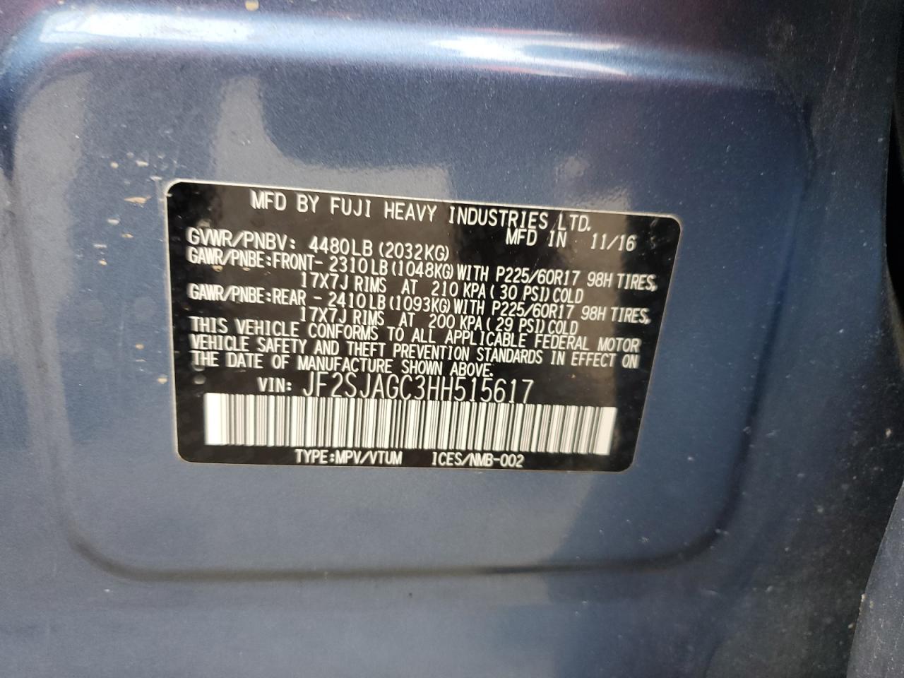 2017 Subaru Forester 2.5I Premium VIN: JF2SJAGC3HH515617 Lot: 61536315