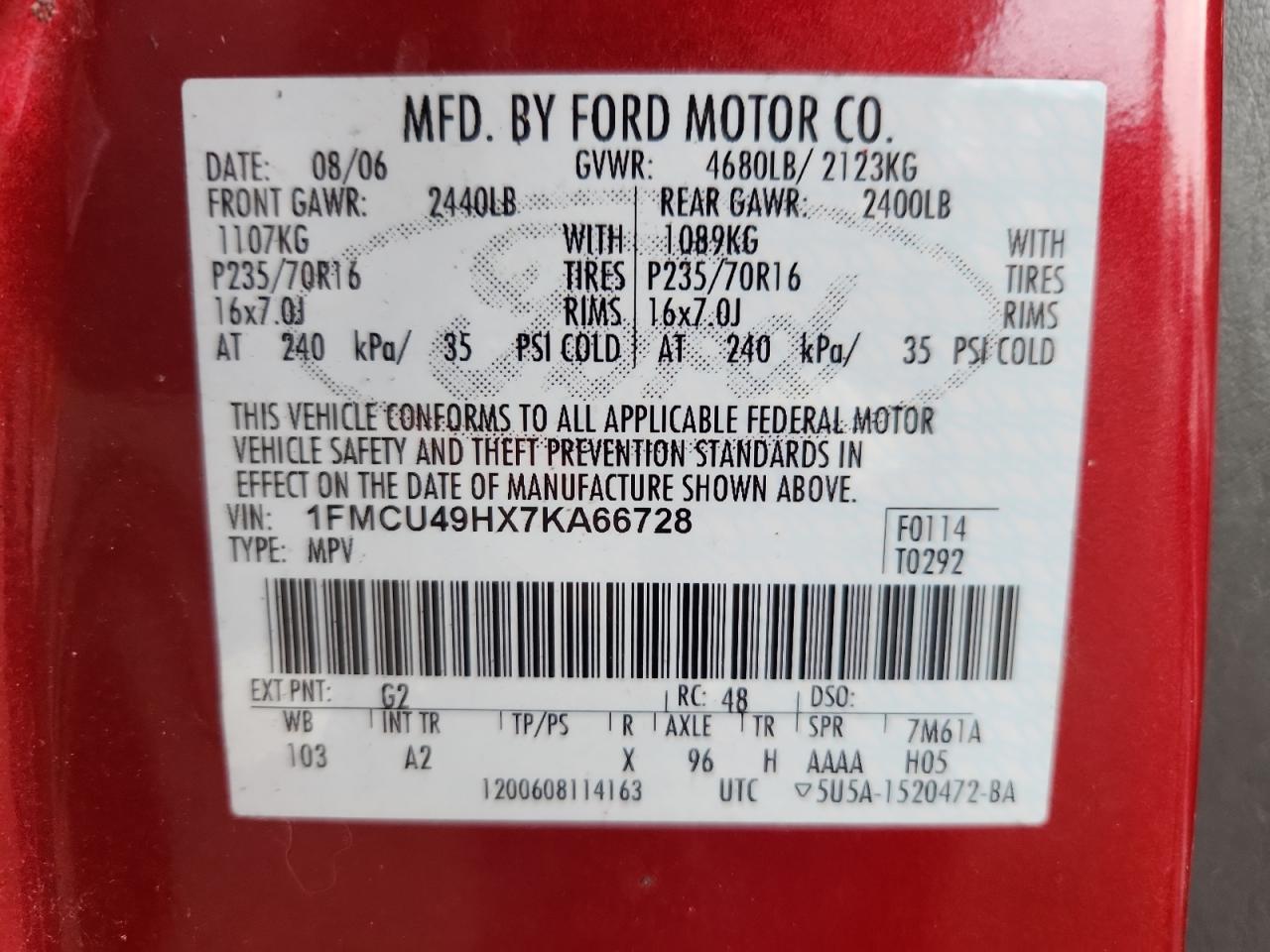 FORD ESCAPE 2007 VIN 1FMCU49HX7KA66728 zdjęcie 13