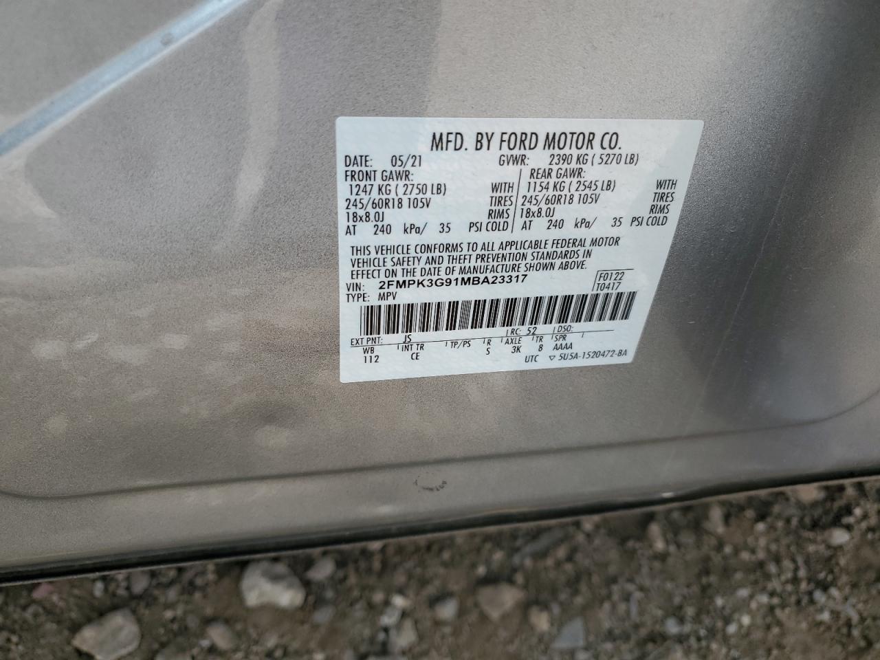 2021 Ford Edge Se VIN: 2FMPK3G91MBA2338 Lot: 60246615