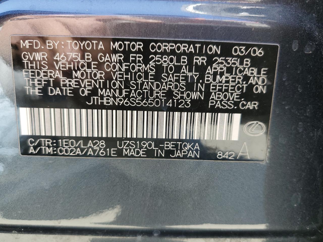 2006 Lexus Gs 430 VIN: JTHBN96S565014123 Lot: 62719105