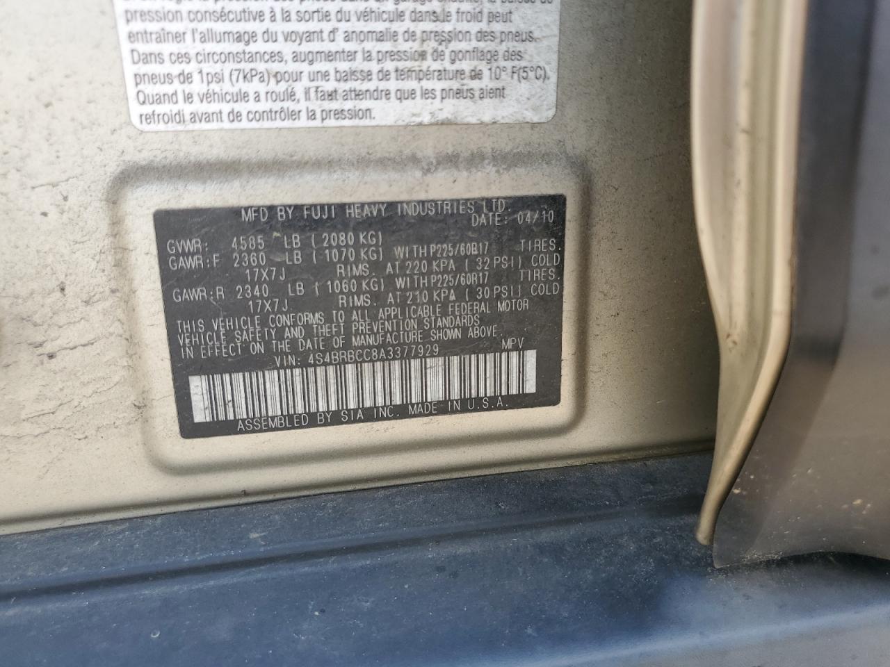 2010 Subaru Outback 2.5I Premium VIN: 4S4BRBCC8A3377929 Lot: 62168525