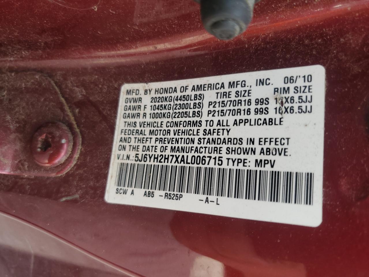 2010 Honda Element Ex VIN: 5J6YH2H7XAL006715 Lot: 60030595