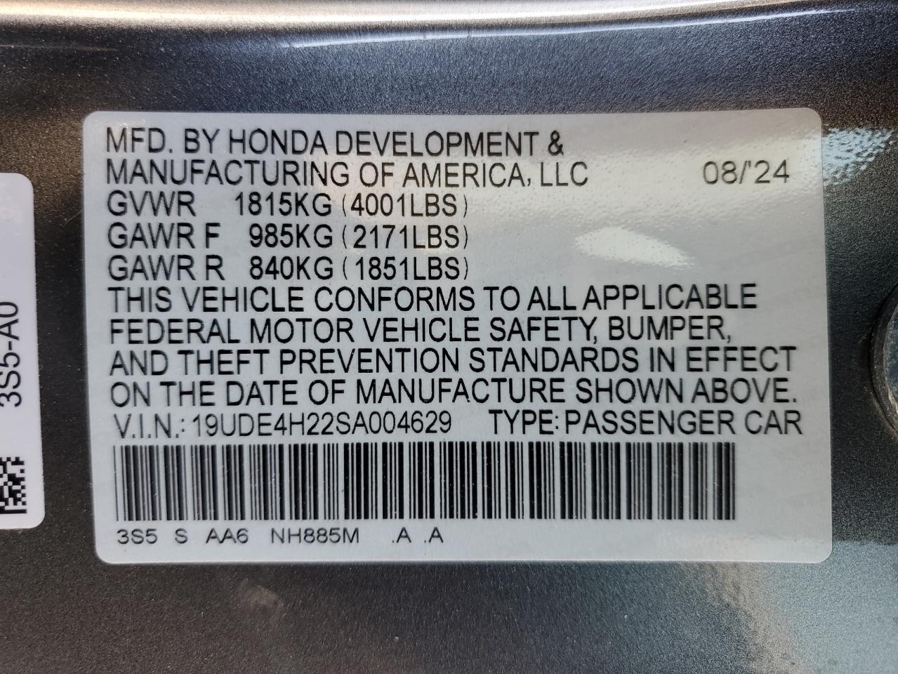 2025 Acura Integra VIN: 19UDE4H22SA004629 Lot: 60920555