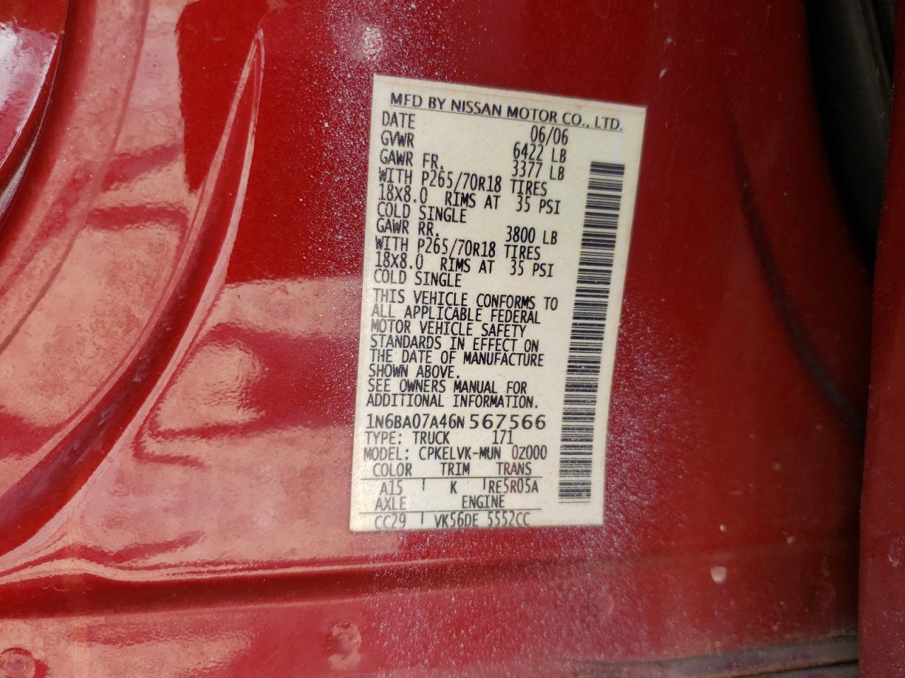 2006 Nissan Titan Xe VIN: 1N6BA07A46N567566 Lot: 62355015