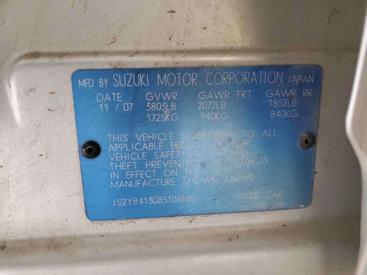 js2yb413085106580 JS2YB413085106580 2008 Suzuki Sx4 Base